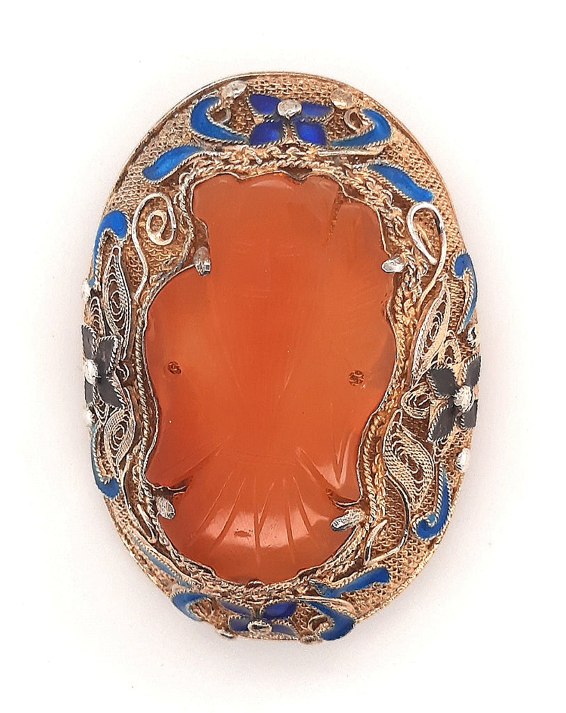 Carnelian & Enamel Gold Plated Silver Vintage Chinese Brooch 