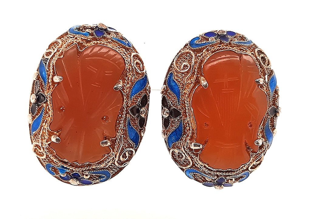 Carnelian & Enamel Gold Plated Silver Vintage Chinese Earrings