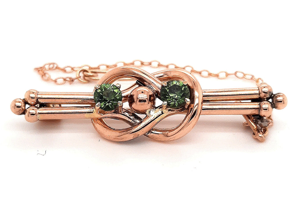 9ct Yellow Gold Love Knot Double Bar Brooch with Green Rhinestones