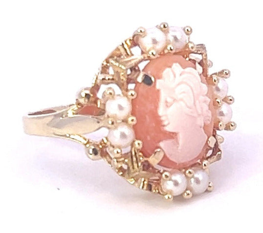 14ct Yellow Gold Shell Cameo & Cultured Pearl Ring