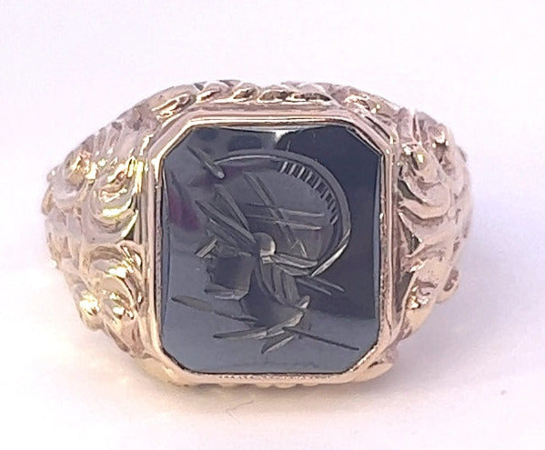 9ct Yellow Gold Haematite Ring with Centurion Head