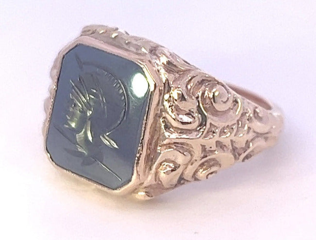 9ct Yellow Gold Haematite Ring with Centurion Head