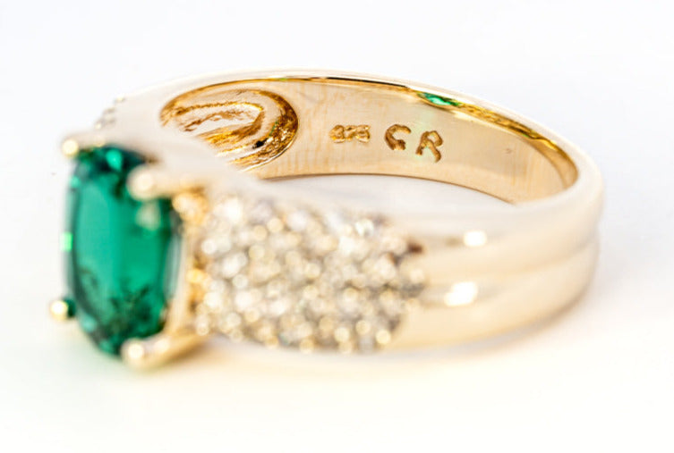 9ct Yellow Gold Synthetic Emerald & Diamond Ring