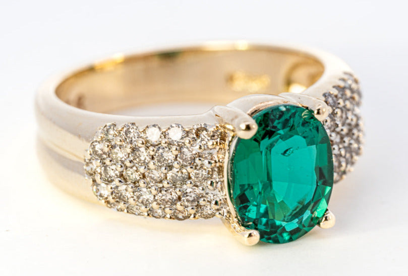 9ct Yellow Gold Synthetic Emerald & Diamond Ring