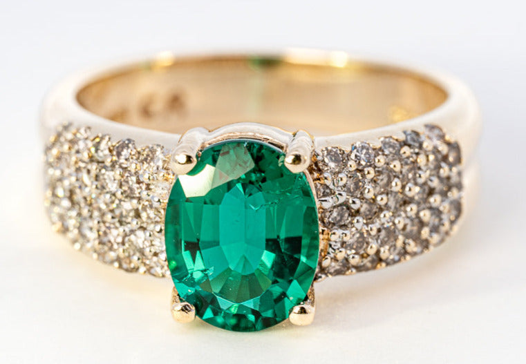 9ct Yellow Gold Synthetic Emerald & Diamond Ring