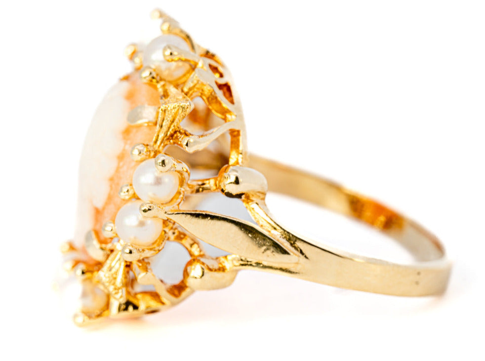 14ct Yellow Gold Shell Cameo & Cultured Pearl Ring