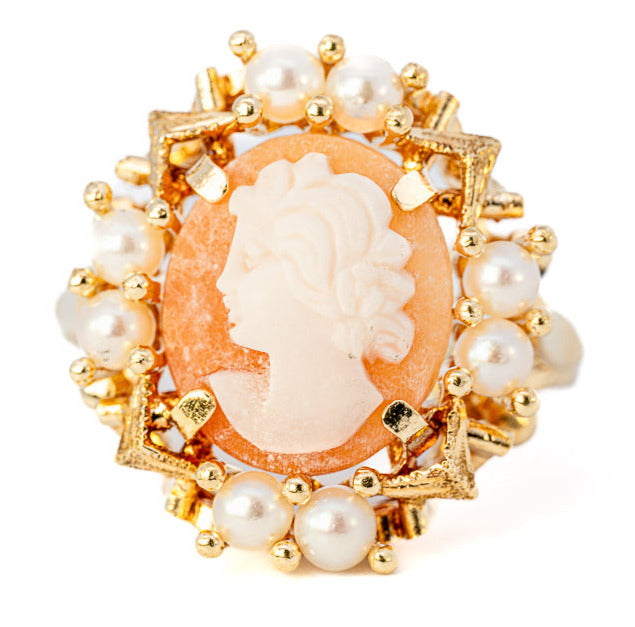 14ct Yellow Gold Shell Cameo & Cultured Pearl Ring