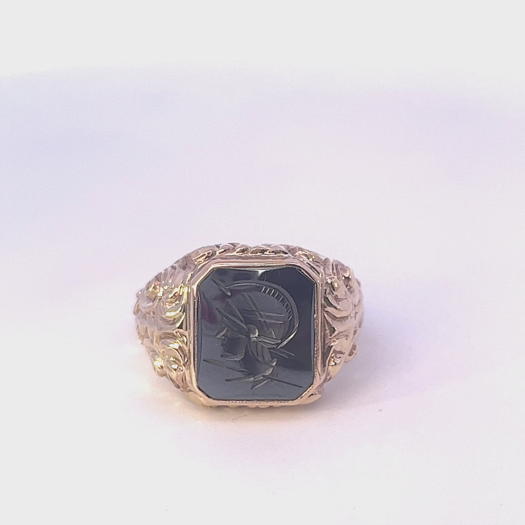 9ct Yellow Gold Haematite Ring with Centurion Head