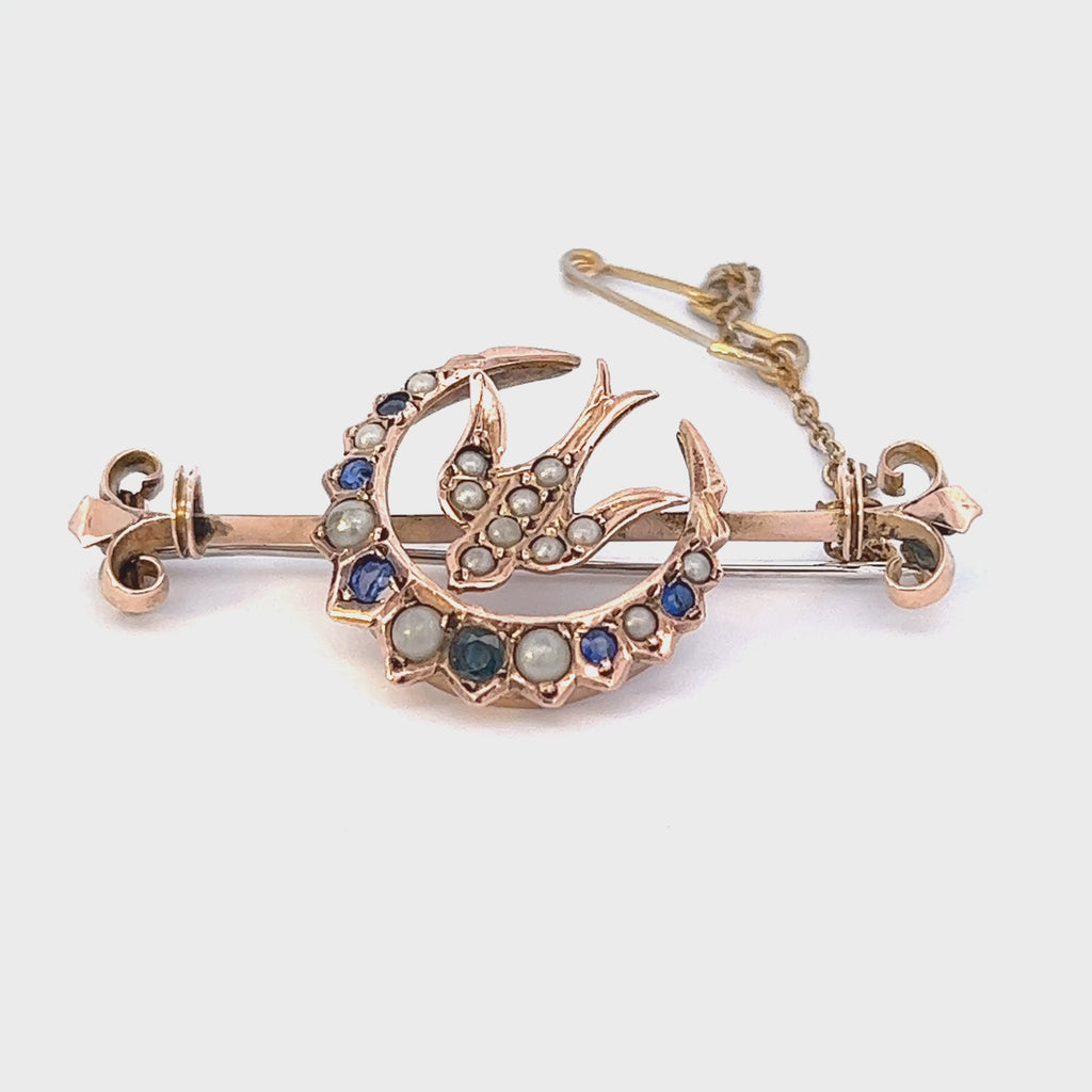 Sapphire & Pearl Bird & Crescent Yellow Gold Vintage Brooch