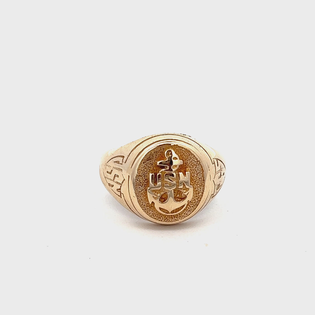 10K Yellow Gold Signet Ring with Anchor & "USN"