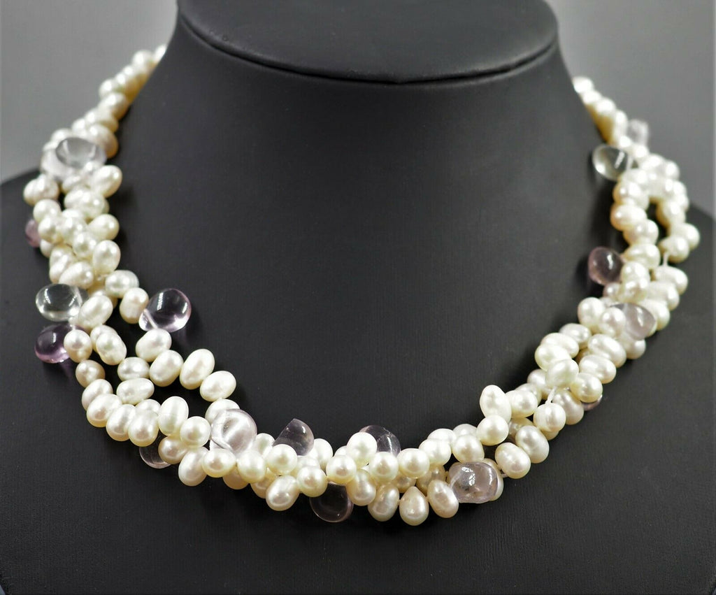 Triple Strand Baroque Pearl & Glass Necklace