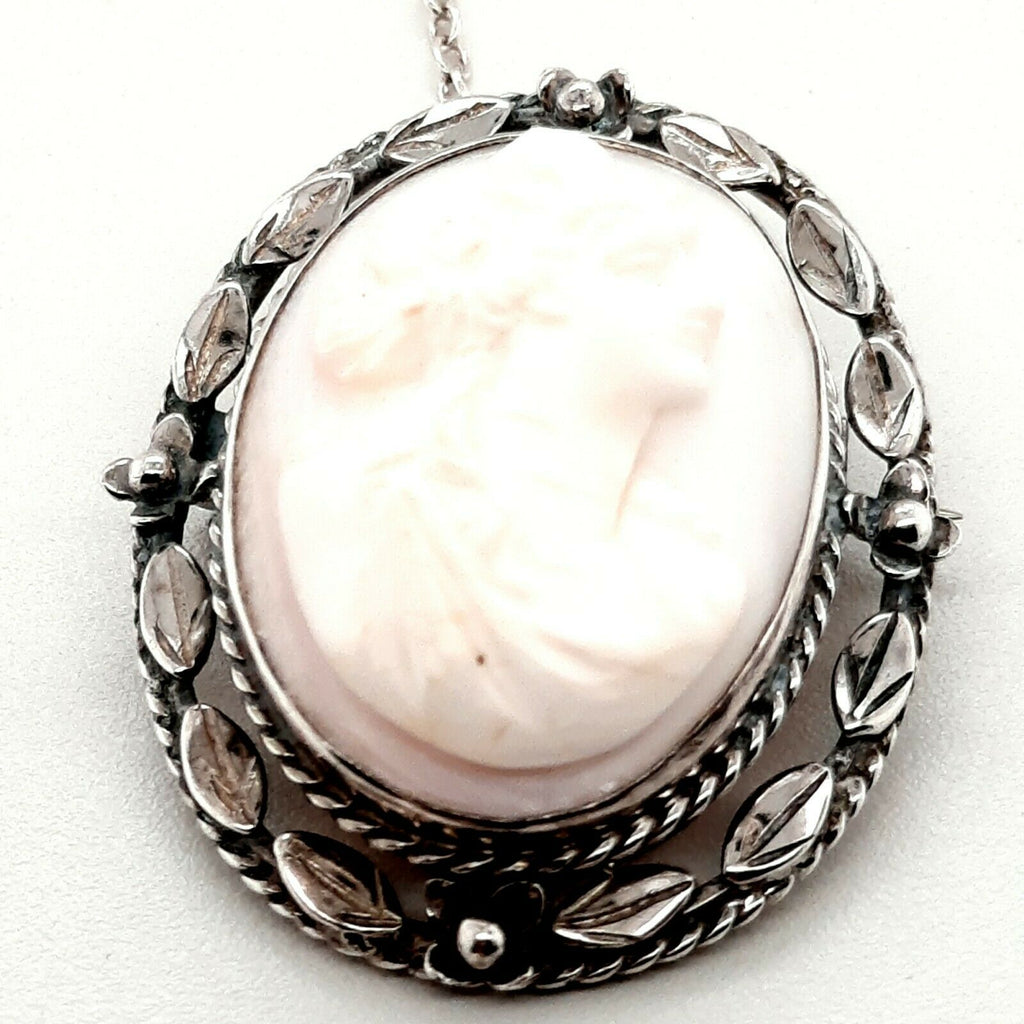 Sterling Silver & Conch Shell Cameo Brooch Vintage Fine Jewellery