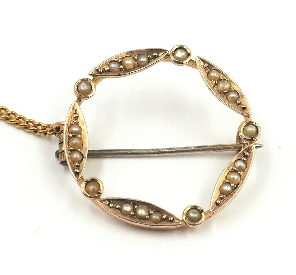 9ct Yellow Gold Seed Pearl Brooch with Safety Chain