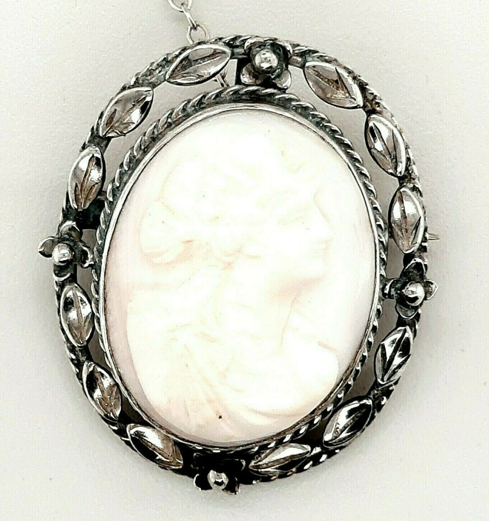 Sterling Silver & Conch Shell Cameo Brooch Vintage Fine Jewellery