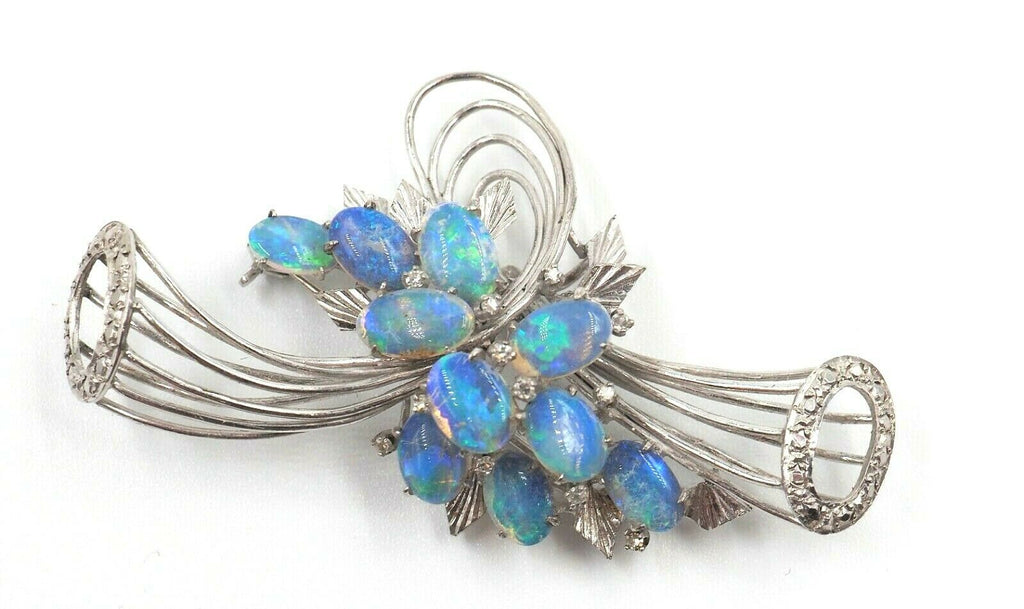 9ct White Gold Crystal Opal & Diamond Spray Style Brooch