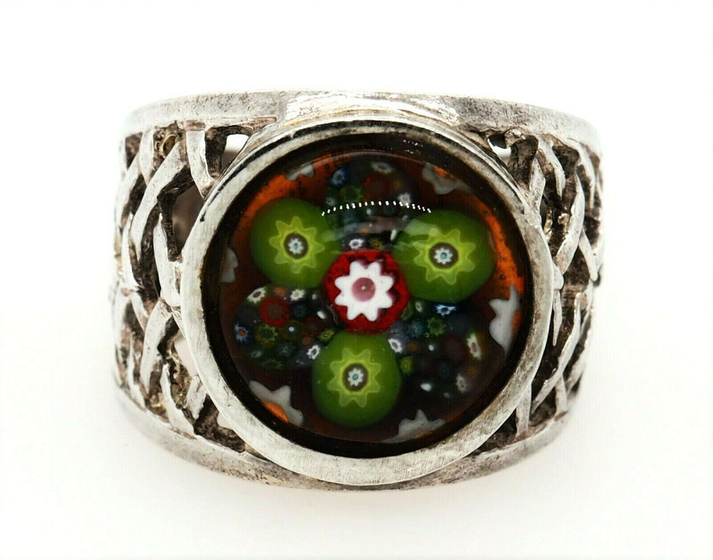 925 Sterling Silver Floral Glass Wide Band Ring