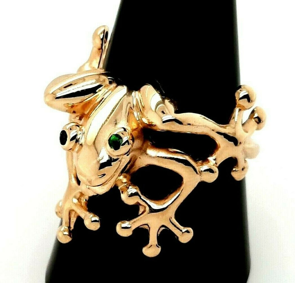 14ct Yellow Gold Frog Ring with Emerald Eyes