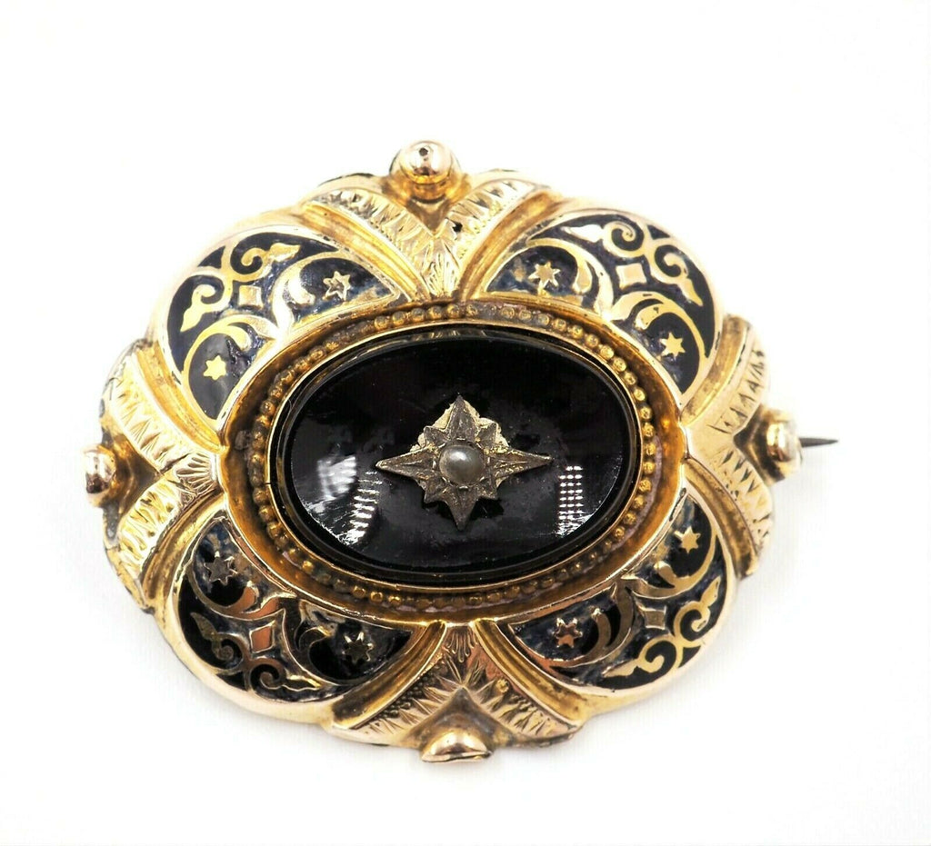 9ct Yellow Gold Pearl Enamel Mourning Brooch With Removable Glass Back