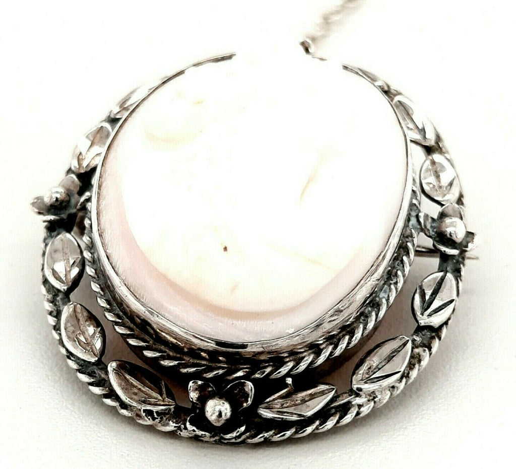 Sterling Silver & Conch Shell Cameo Brooch Vintage Fine Jewellery