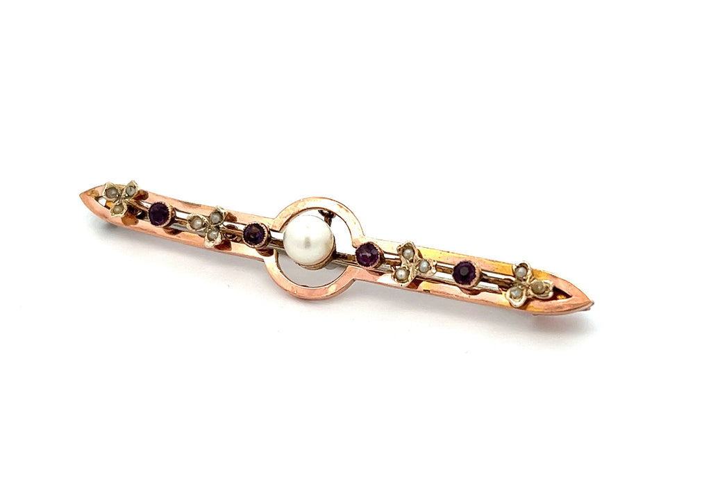 Pearl & Amethyst Yellow Gold Vintage Bar Brooch