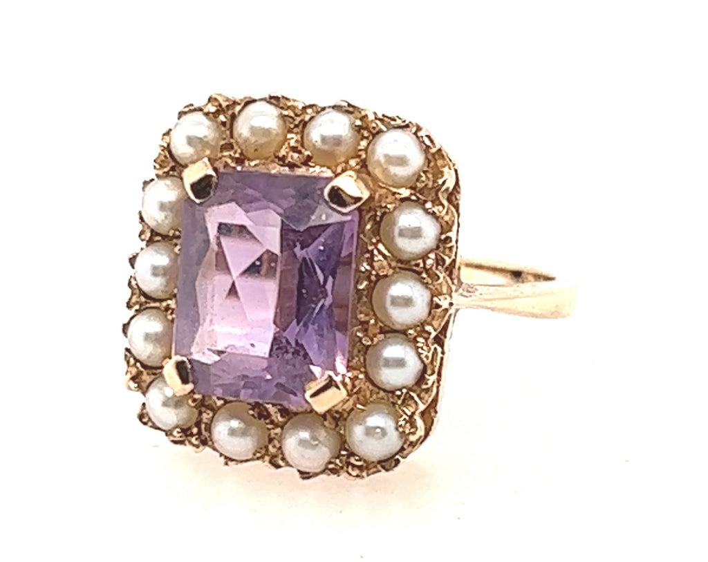 Amethyst & Seed Pearl 9ct Yellow Gold Vintage Cluster Ring