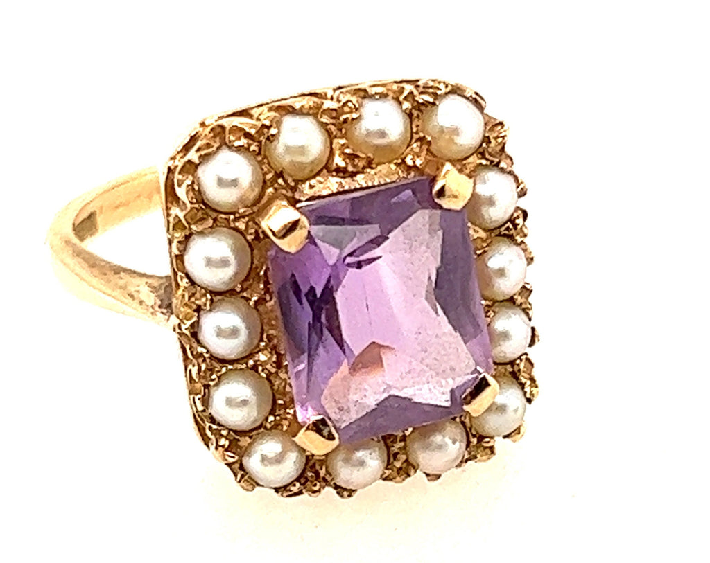 Amethyst & Seed Pearl 9ct Yellow Gold Vintage Cluster Ring