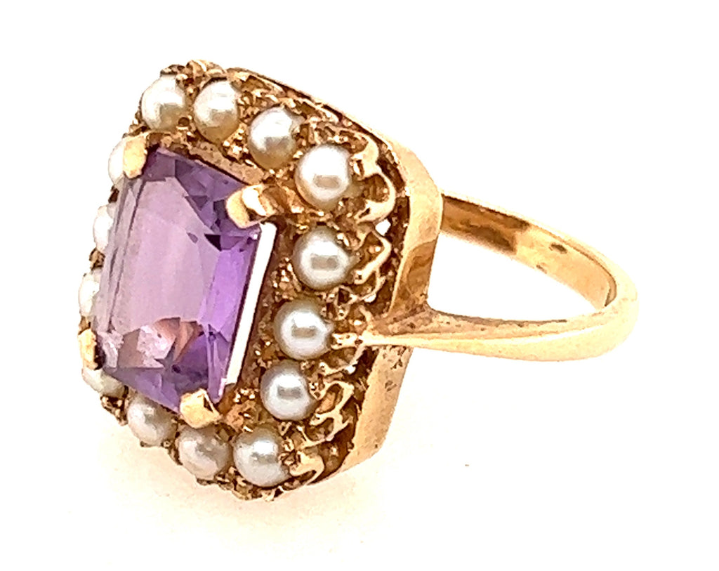 Amethyst & Seed Pearl 9ct Yellow Gold Vintage Cluster Ring