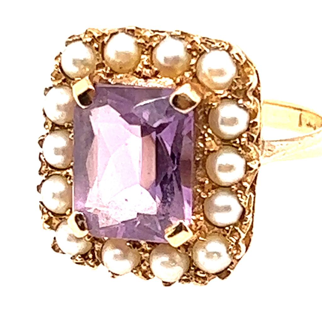 Amethyst & Seed Pearl 9ct Yellow Gold Vintage Cluster Ring