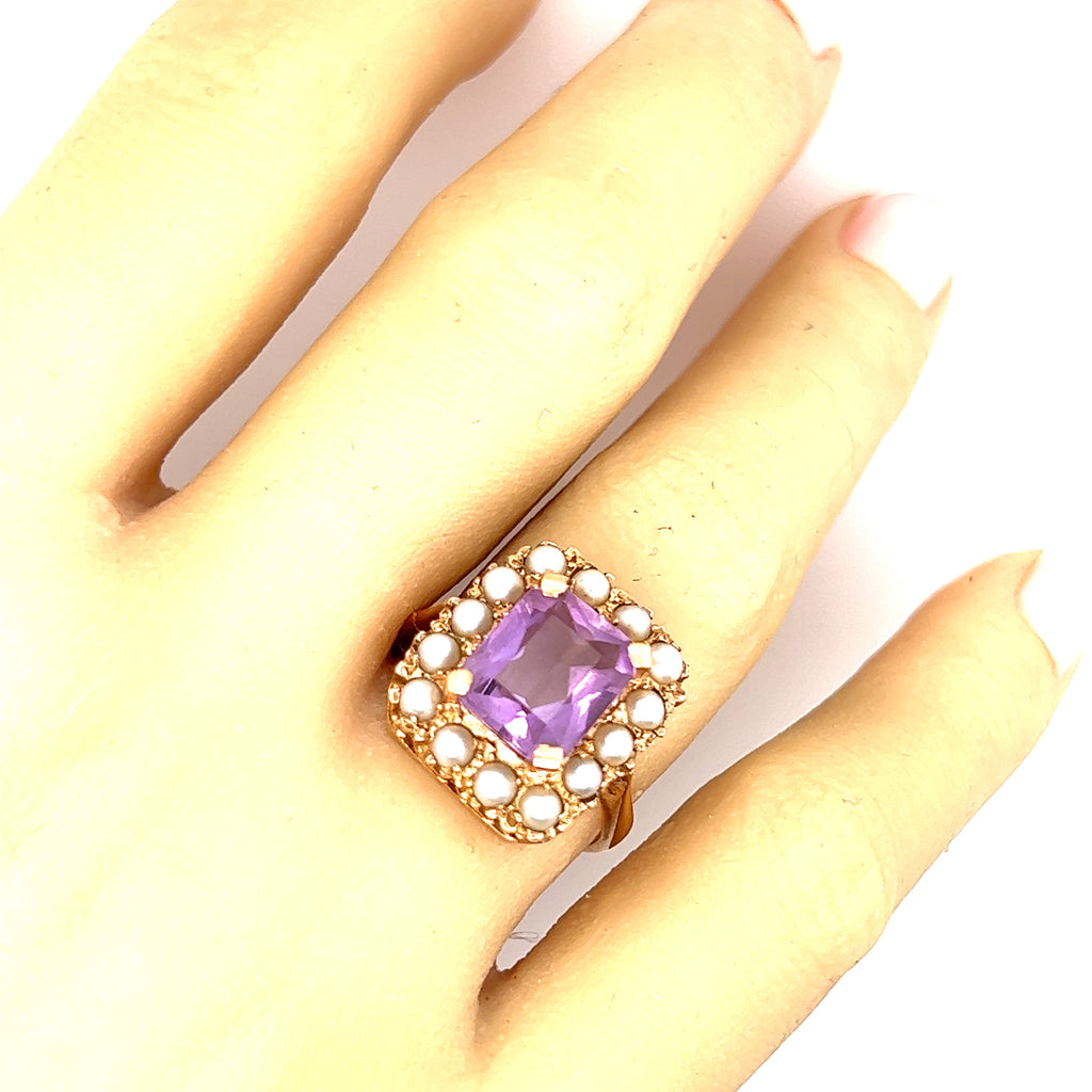 Amethyst & Seed Pearl 9ct Yellow Gold Vintage Cluster Ring