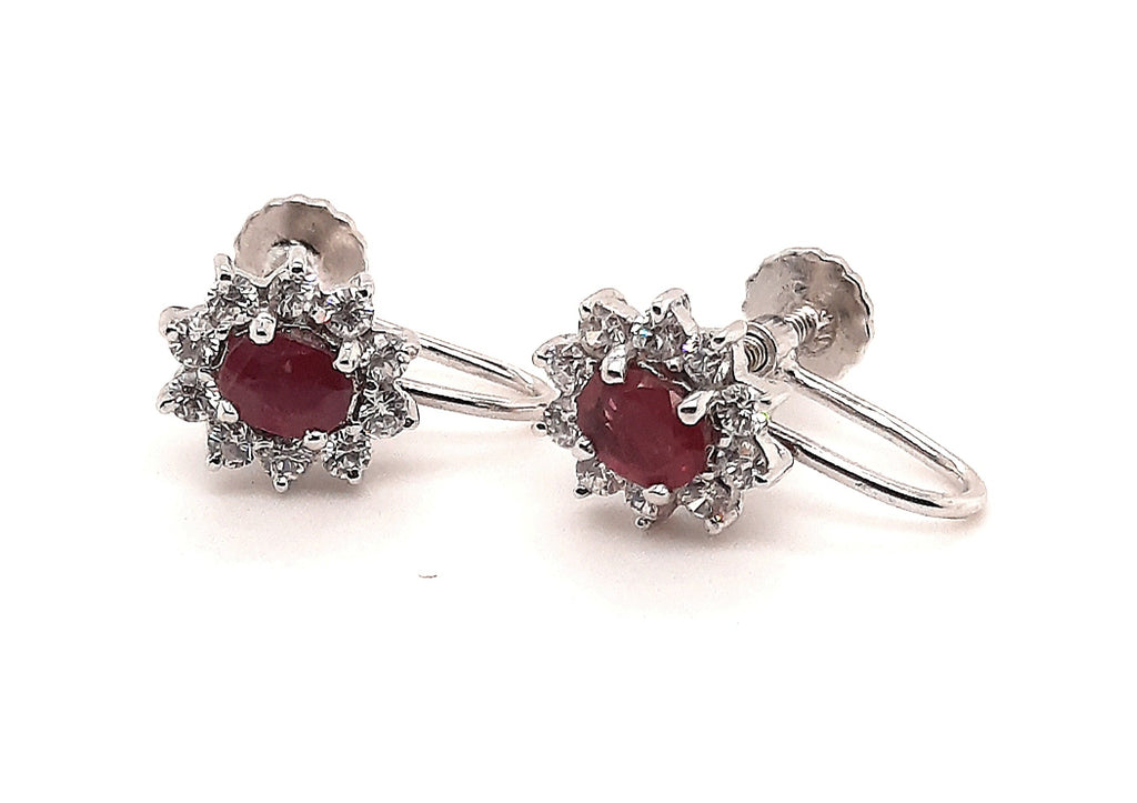 Ruby & Cubic Zirconia 925 Sterling Silver Earrings Screw Back Fastening