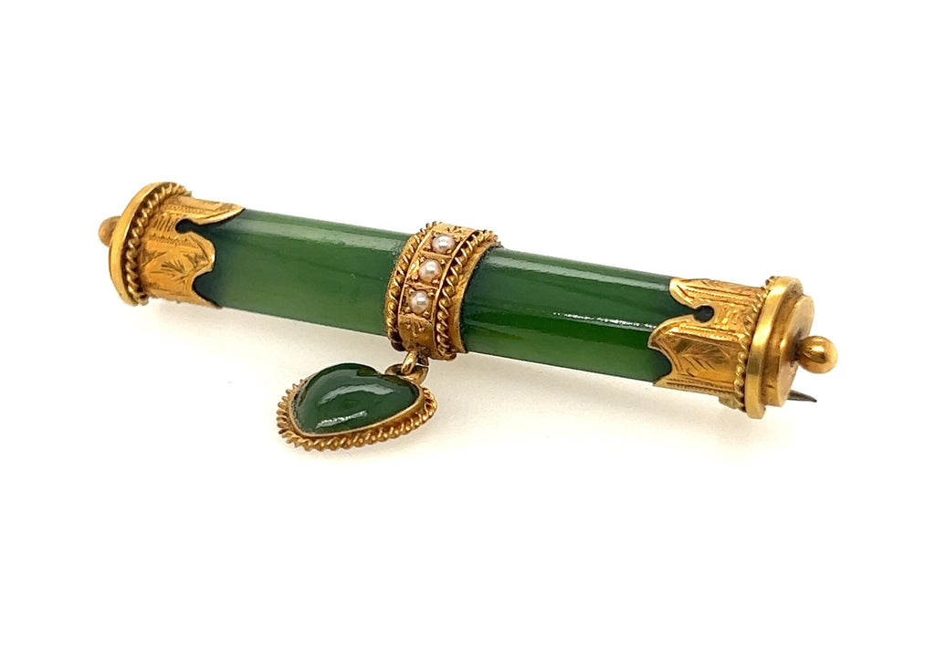 Vintage Jade & Pearl Bar Brooch with 14ct Yellow Gold