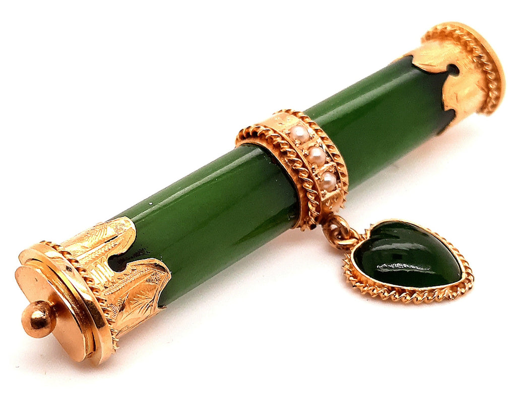 Vintage Jade & Pearl Bar Brooch with 14ct Yellow Gold