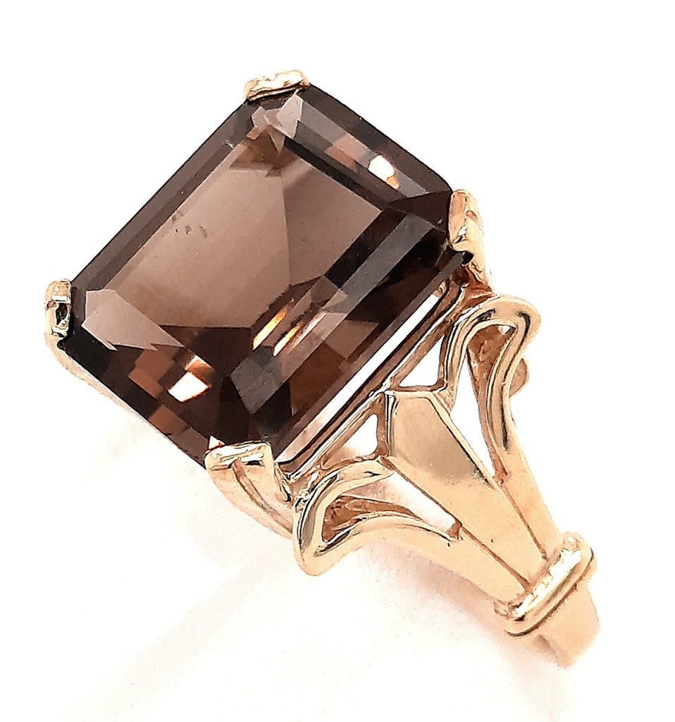 9ct Yellow Gold Gold Smokey Quartz Ring with Fancy Flow Up Shoulders