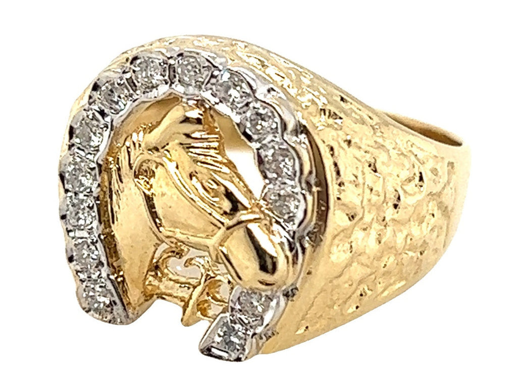 14ct Yellow Gold Diamond set Horseshoe and Horse Head Ring