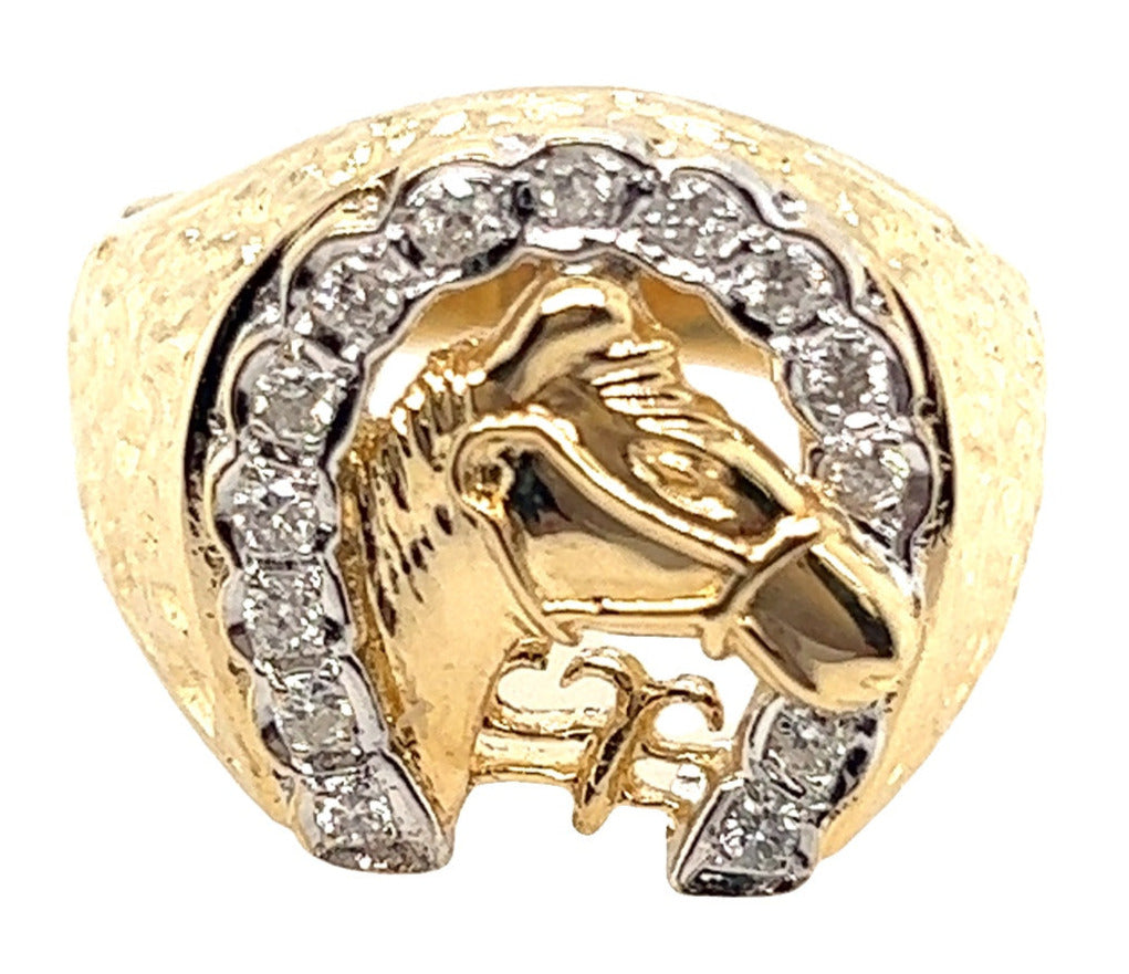 14ct Yellow Gold Diamond set Horseshoe and Horse Head Ring