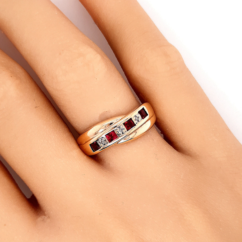 Ruby & Diamond Yellow Gold Crossover Ring 