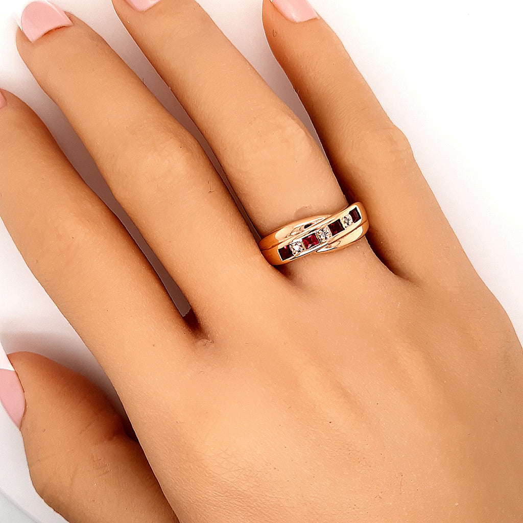 Ruby & Diamond Yellow Gold Crossover Ring 