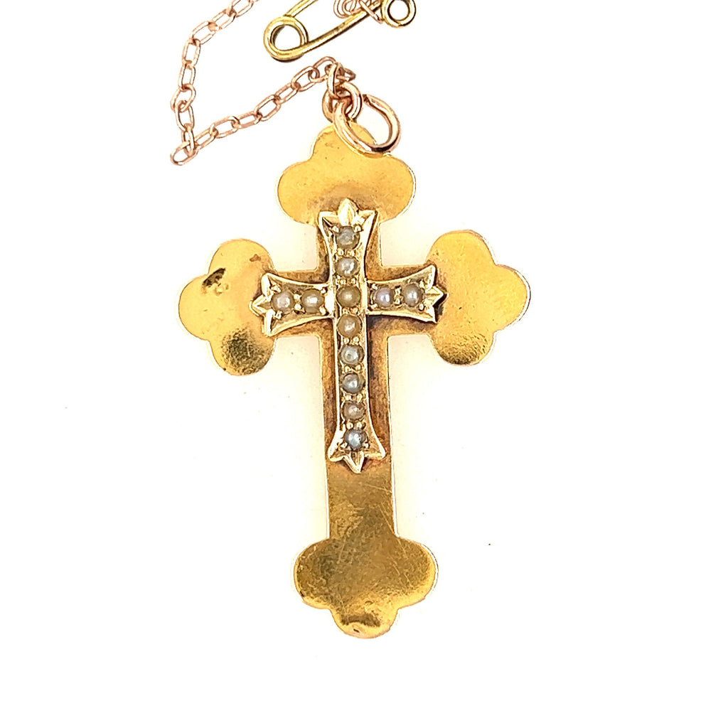 Antique 15ct Yellow Gold Pearl Cross Pendant c1900