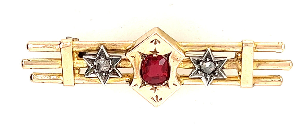 Antique Garnet & Diamond 9ct Yellow Gold Three Bar Brooch Circa 1900