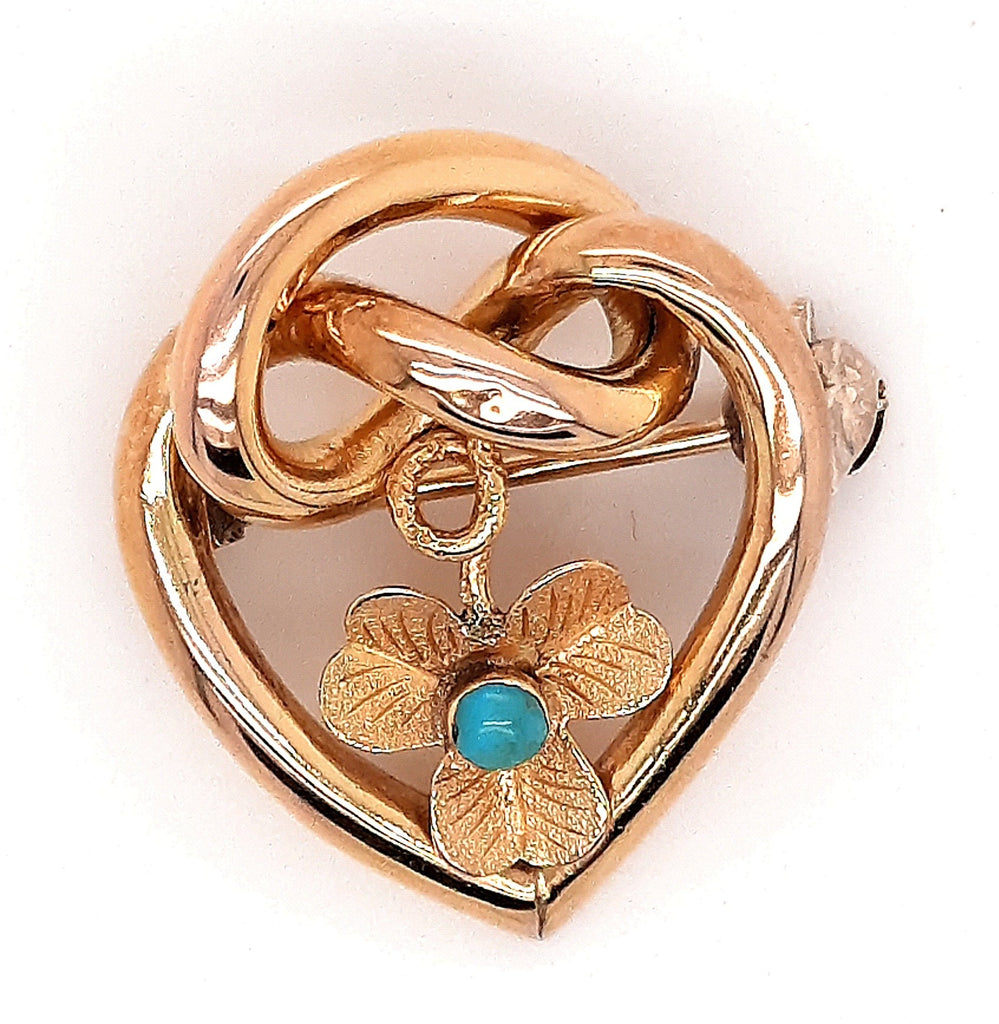 Turquoise & Gold Toned Love Knot Heart Brooch