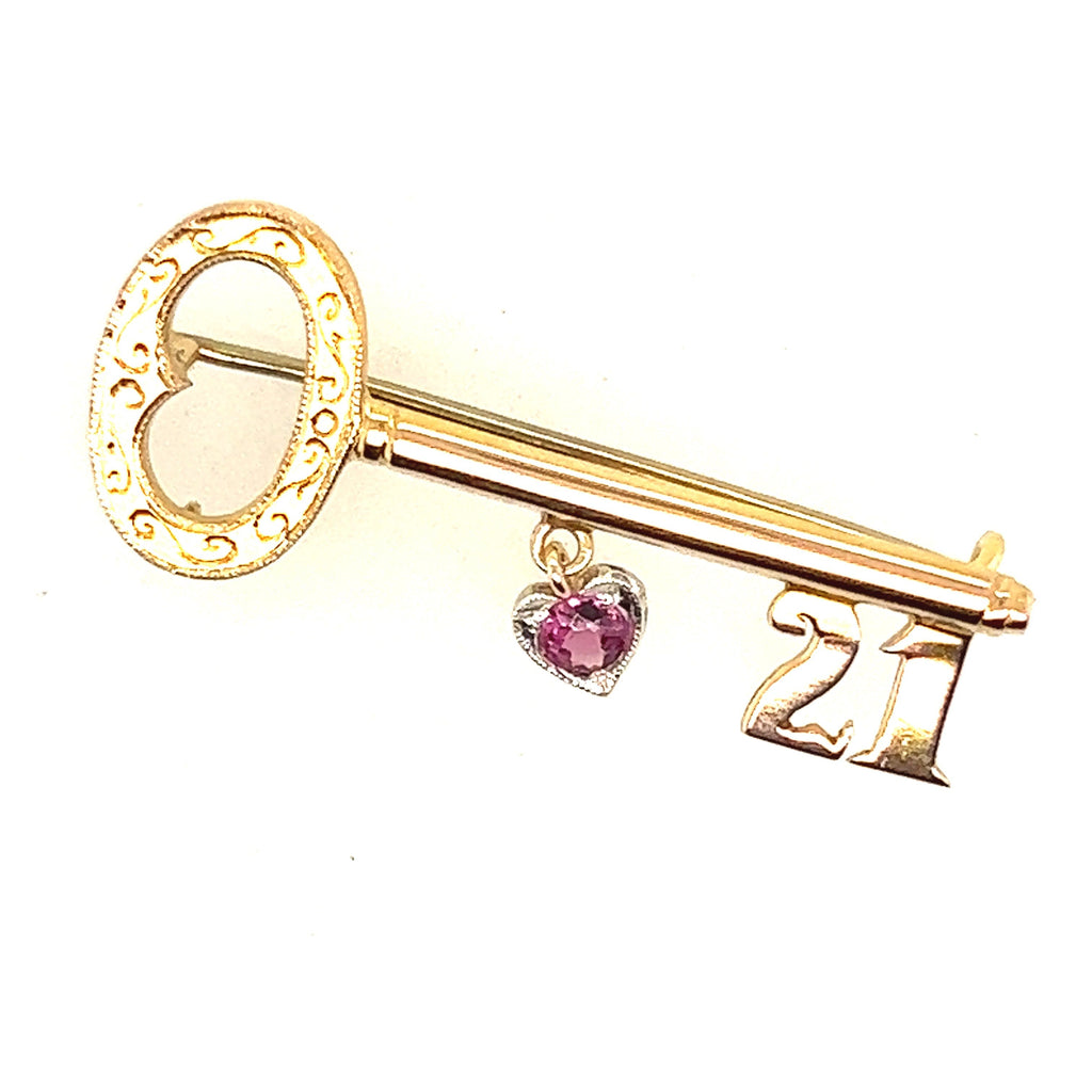 Garnet 21st Key Brooch 9ct Yellow Gold