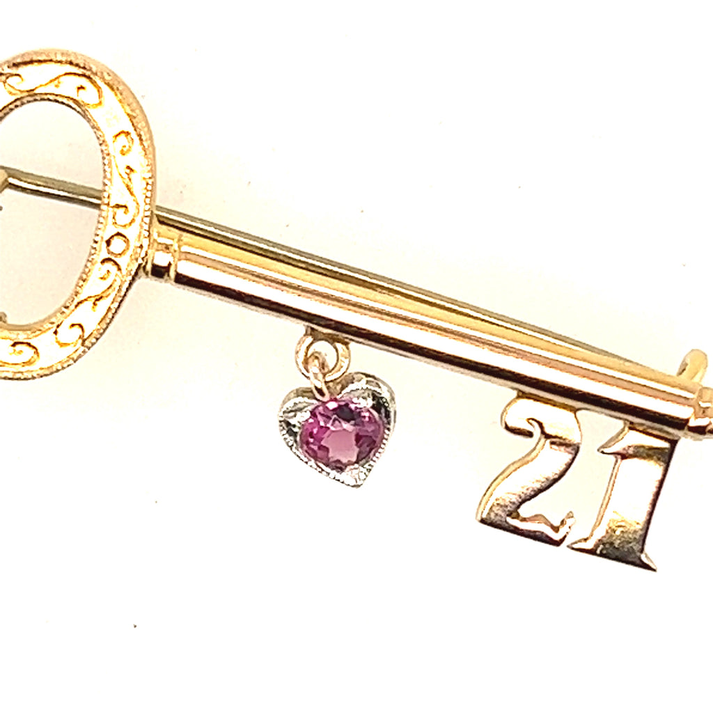 Garnet 21st Key Brooch 9ct Yellow Gold