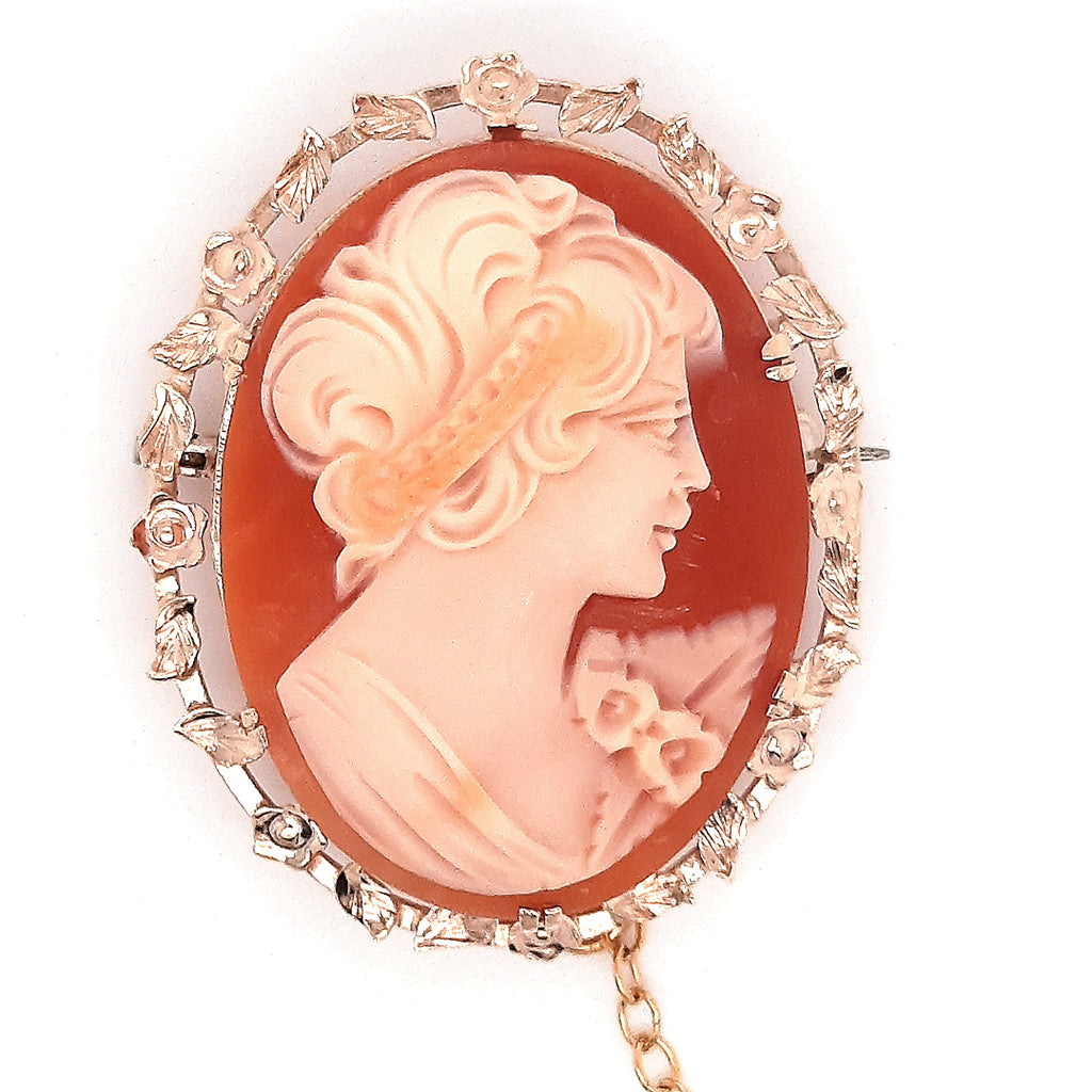 Vintage Cameo Brooch with Yellow Gold Leaf & Floral Surround