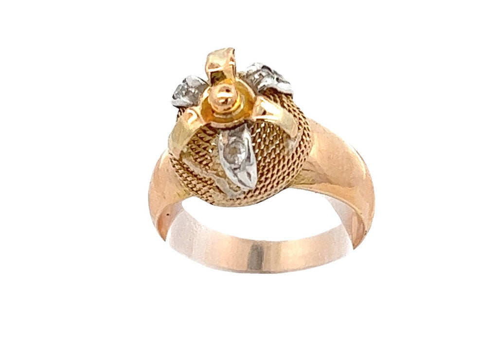 18ct Yellow Gold Cubic Zirconia & Spinel Ring with Bell Centre & Leaf Surround