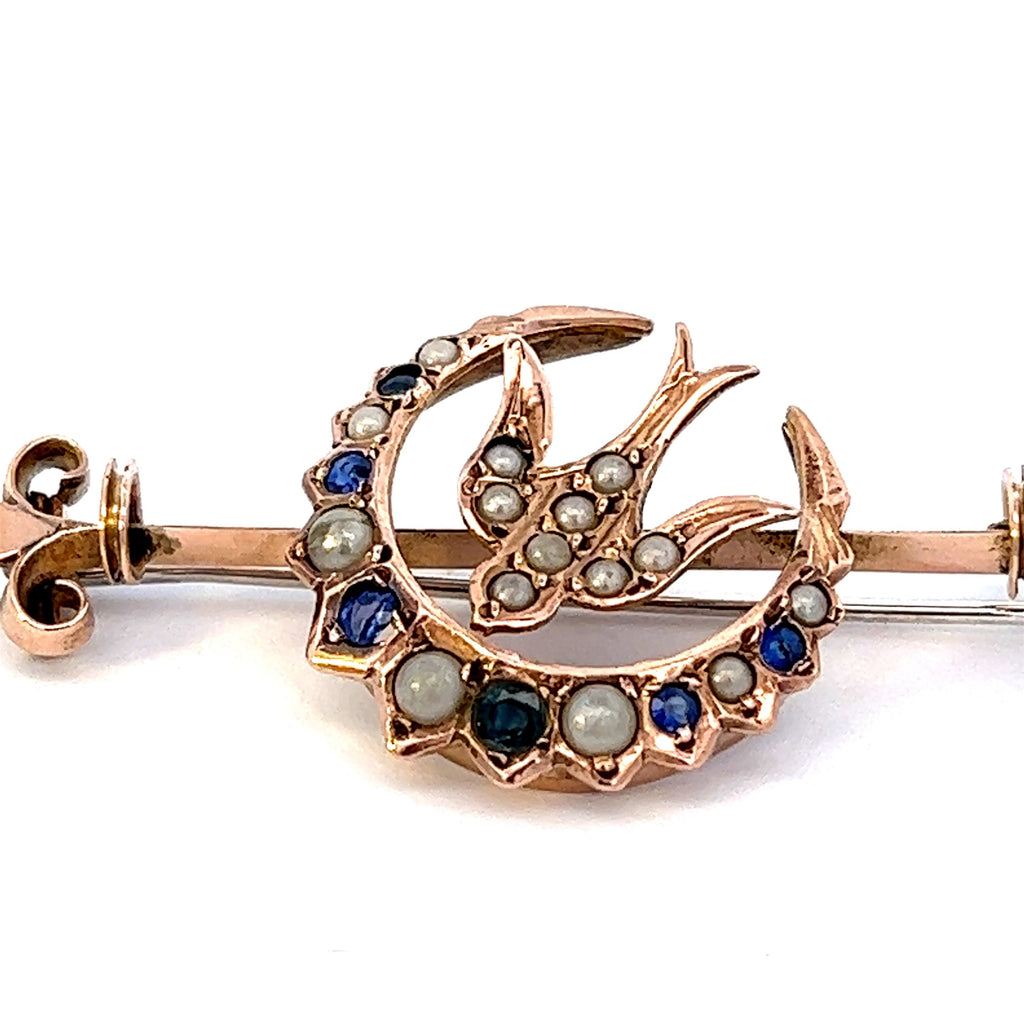 Sapphire & Pearl Bird & Crescent Yellow Gold Vintage Brooch