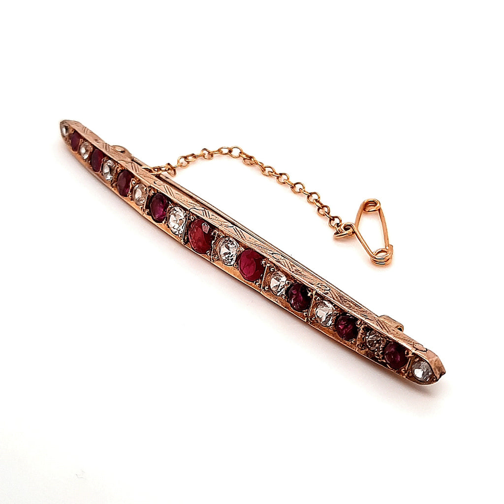 Diamond & Ruby Hand Engraved Yellow Gold Bar Vintage Brooch
