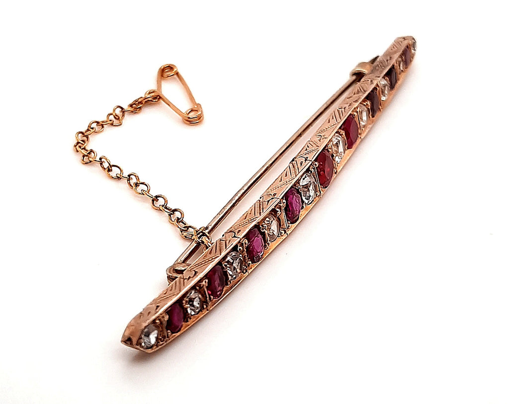 Diamond & Ruby Hand Engraved Yellow Gold Bar Vintage Brooch