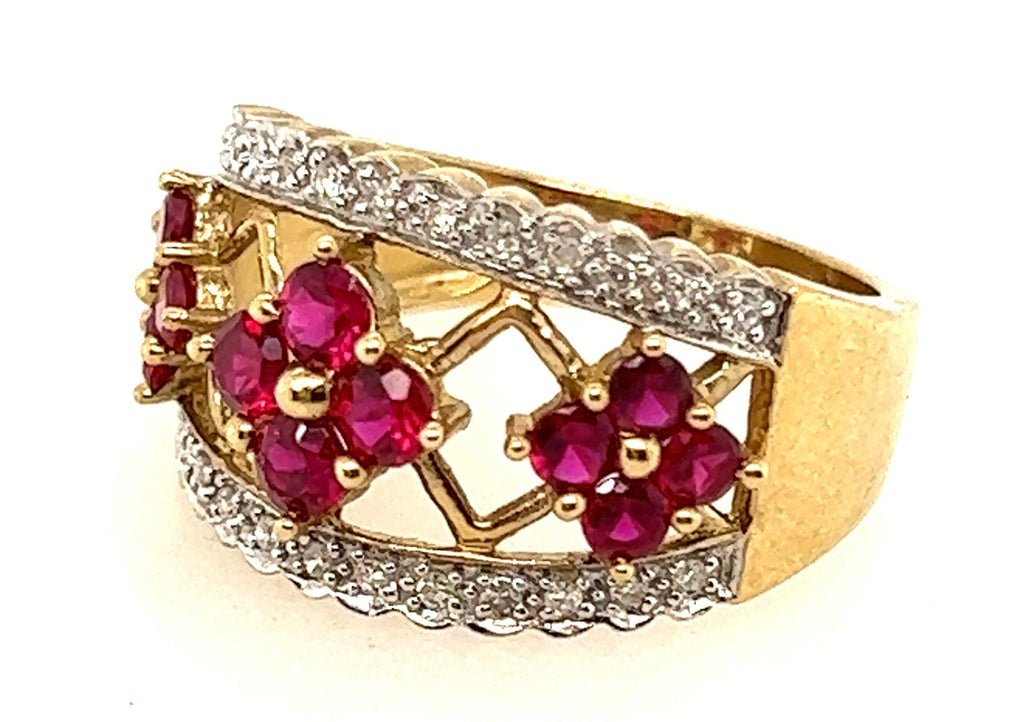 Ruby & Diamond Yellow Gold Floral Dress Ring