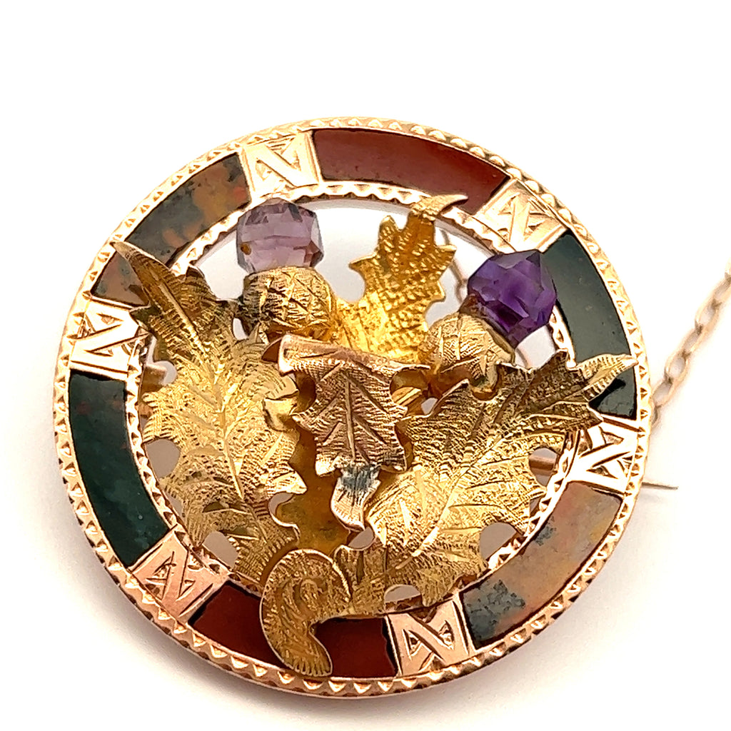 Vintage 9ct Yellow Gold Amethyst, Agate & Jasper Brooch with Leaf Centre
