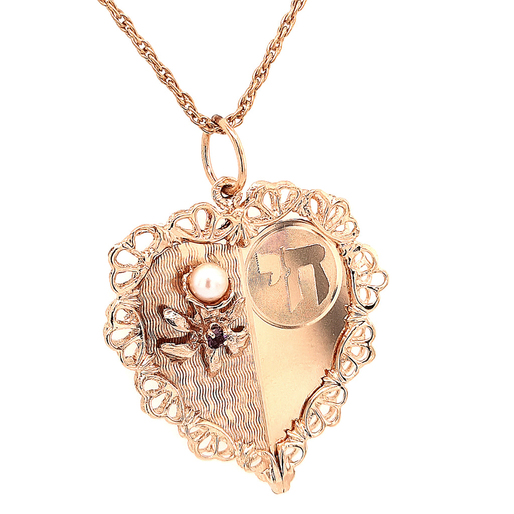 Yellow Gold Pearl & Ruby Heart Pendant